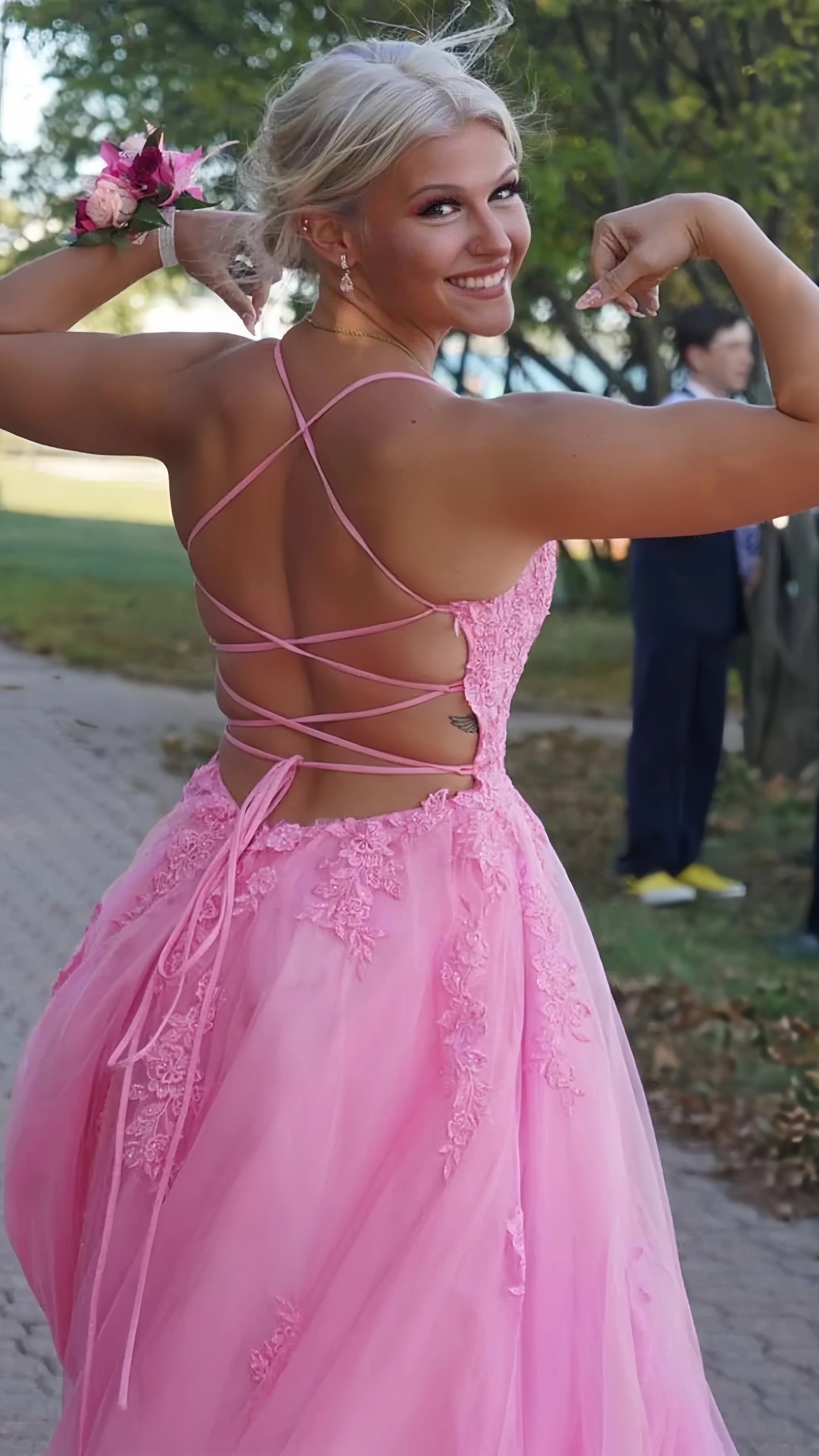 Pink A-Line Lace Up Prom Dresses With Split, AST1584