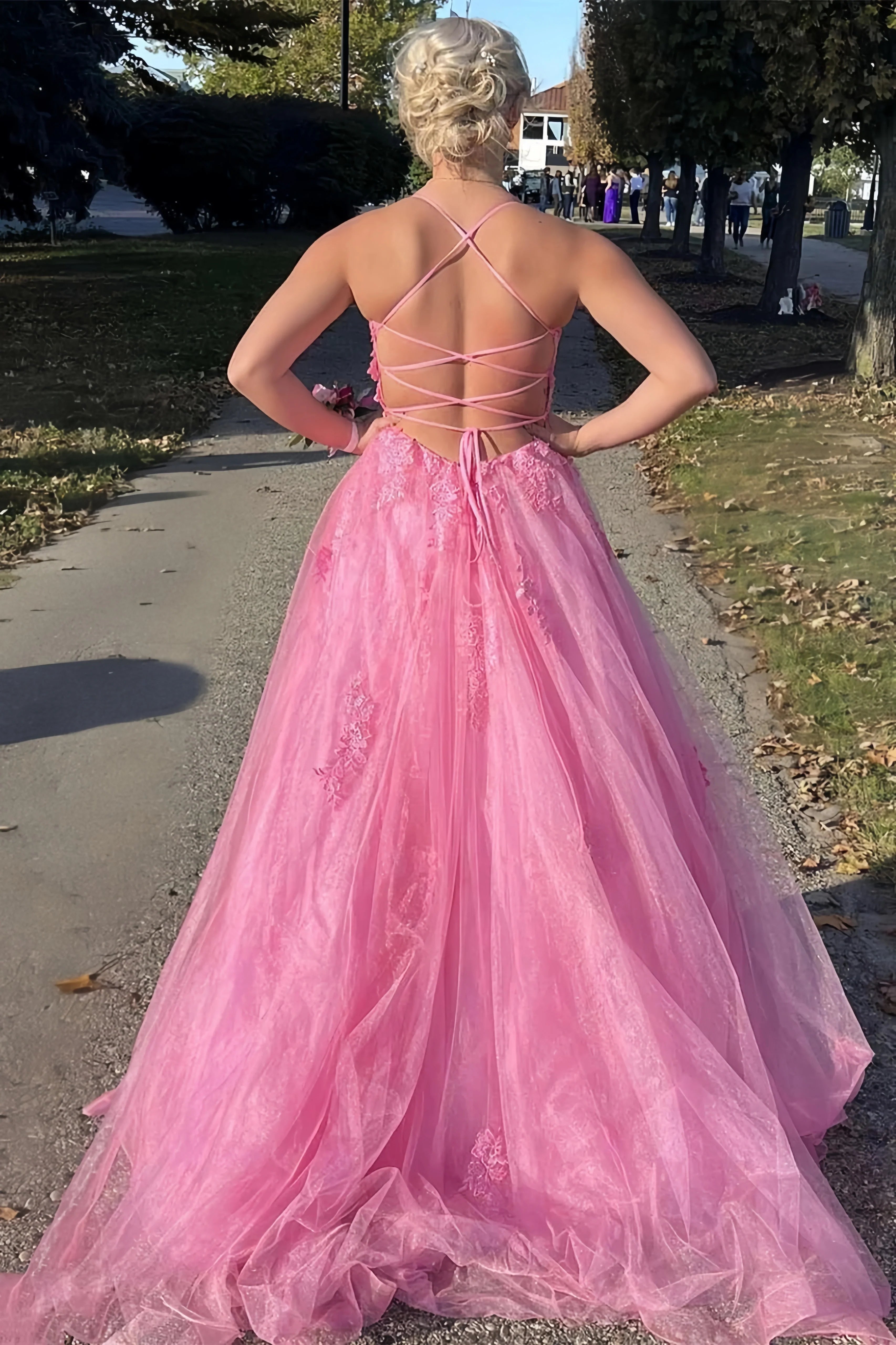 Pink A-Line Lace Up Prom Dresses With Split, AST1584