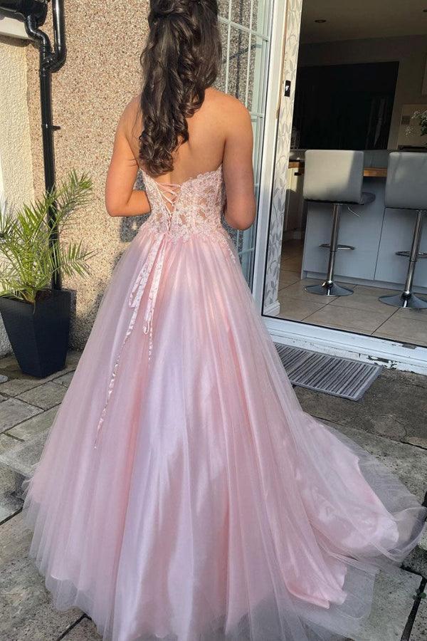 Pink Sweetheart Tulle Lace Long Prom Dress Pink Tulle Formal dress TP1171