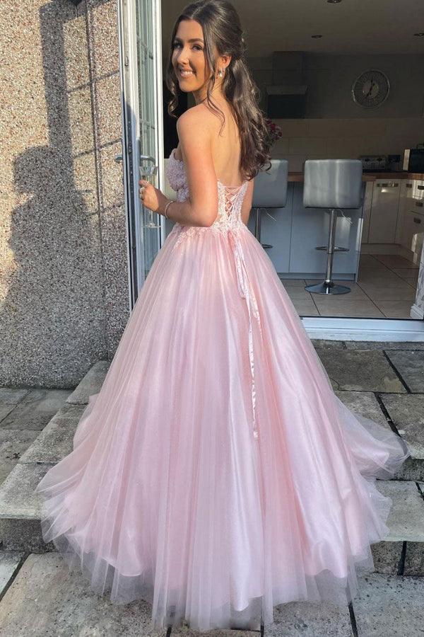 Pink Sweetheart Tulle Lace Long Prom Dress Pink Tulle Formal dress TP1171