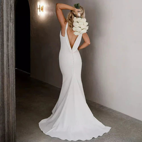 Aimishang Elegant Mermaid Chiffon Detachable Drape Back V-neck Satin Wedding Dresses