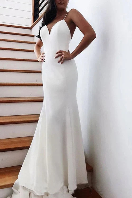 Aimishang Elegant Mermaid Spaghetti Straps Backless V Neck Mermaid Wedding Dresses