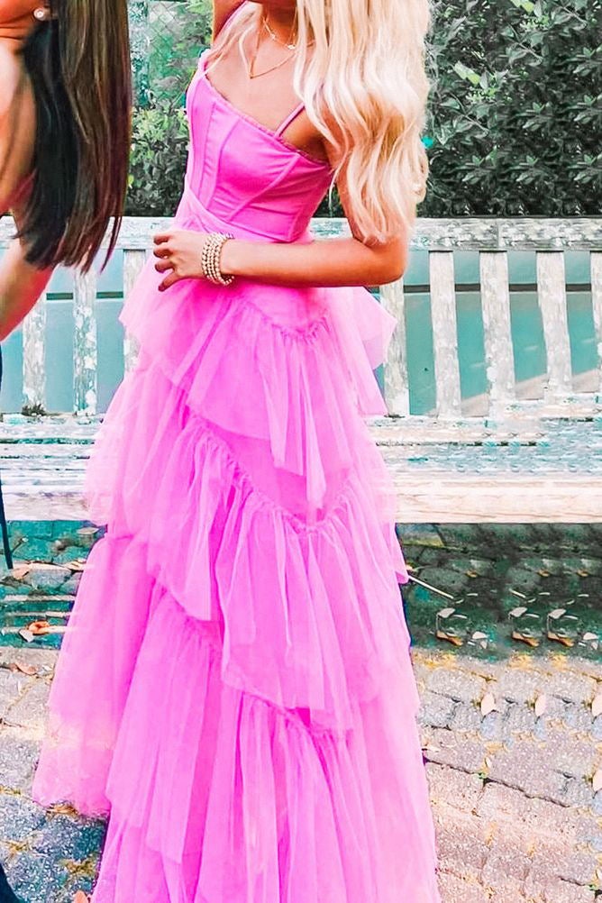 Aimishang Dress Wholesale Hot Pink Layered Ruffles Evening Gown A Line Tulle Long Prom Dress