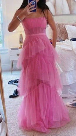 Aimishang Dress Wholesale Hot Pink Layered Ruffles Evening Gown A Line Tulle Long Prom Dress