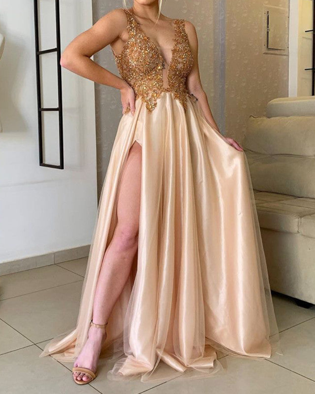 Gold Lace Beaded Prom Long Dresses Side Split