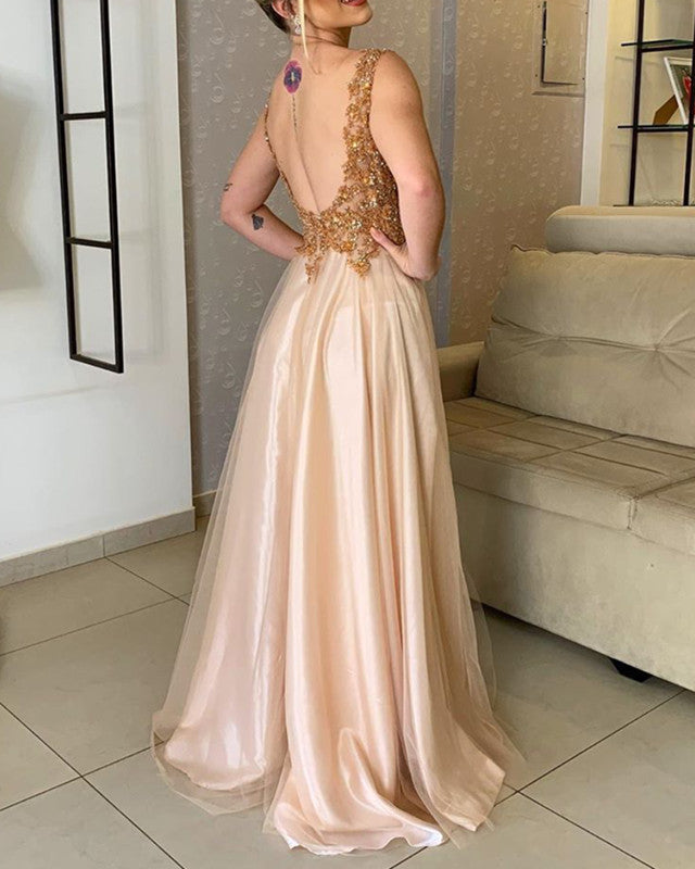 Gold Lace Beaded Prom Long Dresses Side Split