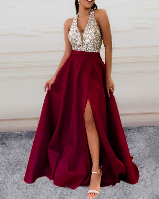 Beaded Halter Side Split Prom Dresses Long