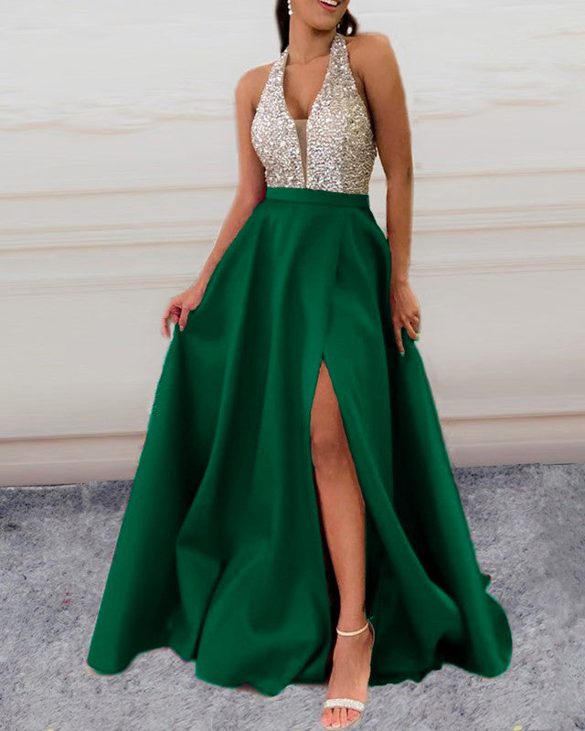 Beaded Halter Side Split Prom Dresses Long
