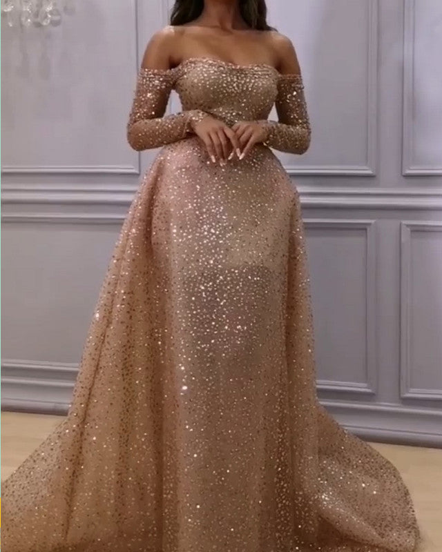 Glitter Prom Dresses Long Sleeves Off The The Shoulder