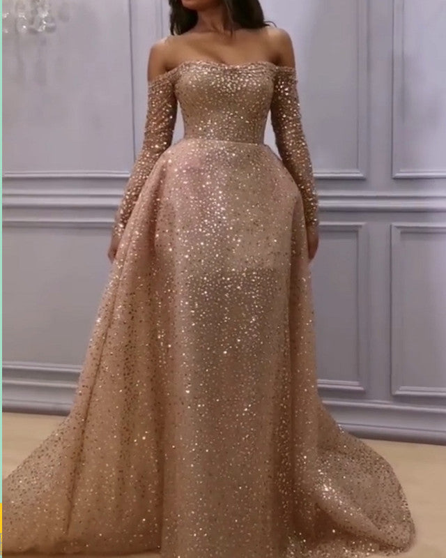 Glitter Prom Dresses Long Sleeves Off The The Shoulder