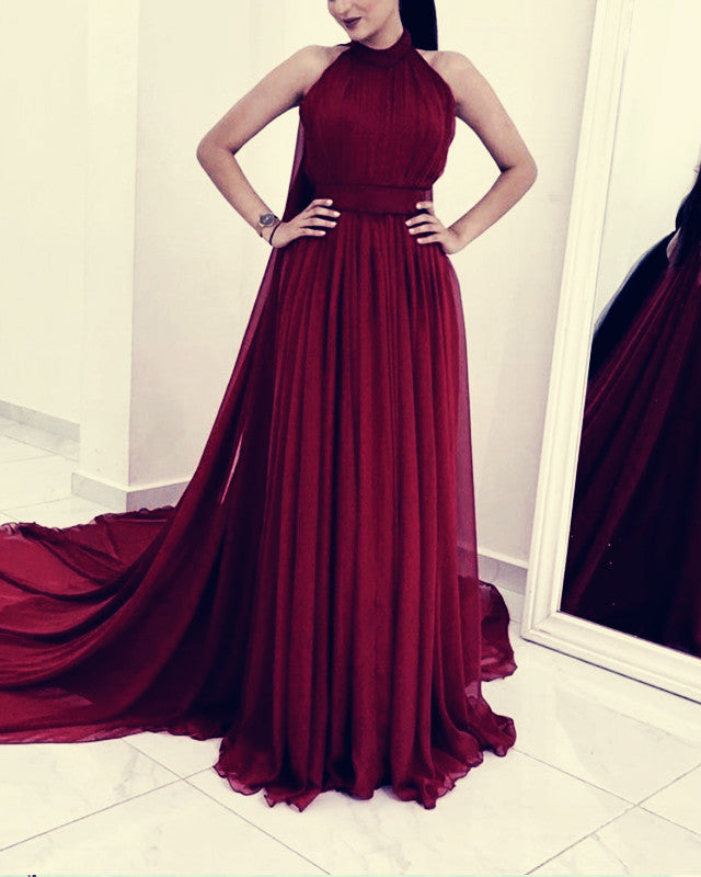 Long Chiffon Halter Prom Evening Dresses With Cape