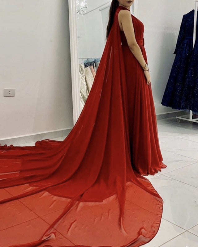 Long Chiffon Halter Prom Evening Dresses With Cape
