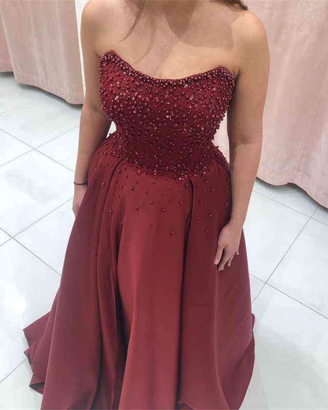 Beaded Strapless High Slit Satin Prom Long Dresses