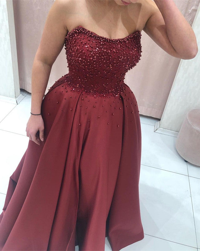Beaded Strapless High Slit Satin Prom Long Dresses