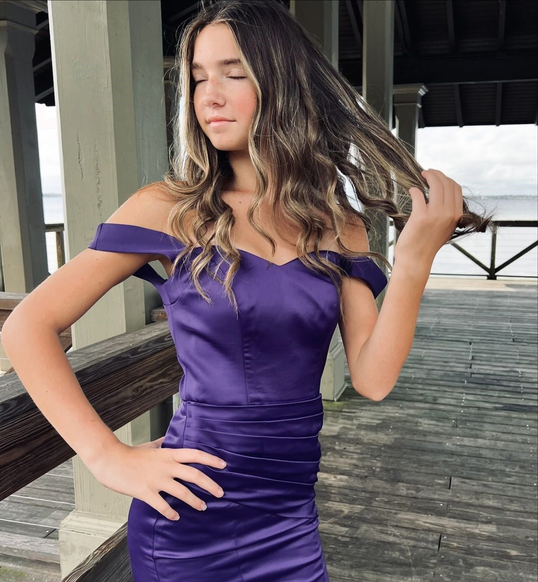 Purple Mermaid Satin Prom Dresses Off The Shoulder Formal Gown, AST1462