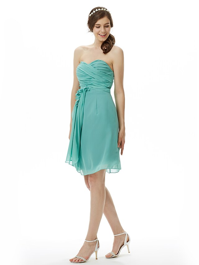 Sweetheart Neckline  Strapless Knee Length Chiffon Bridesmaid Dress with Criss Cross  Side Draping  Flower