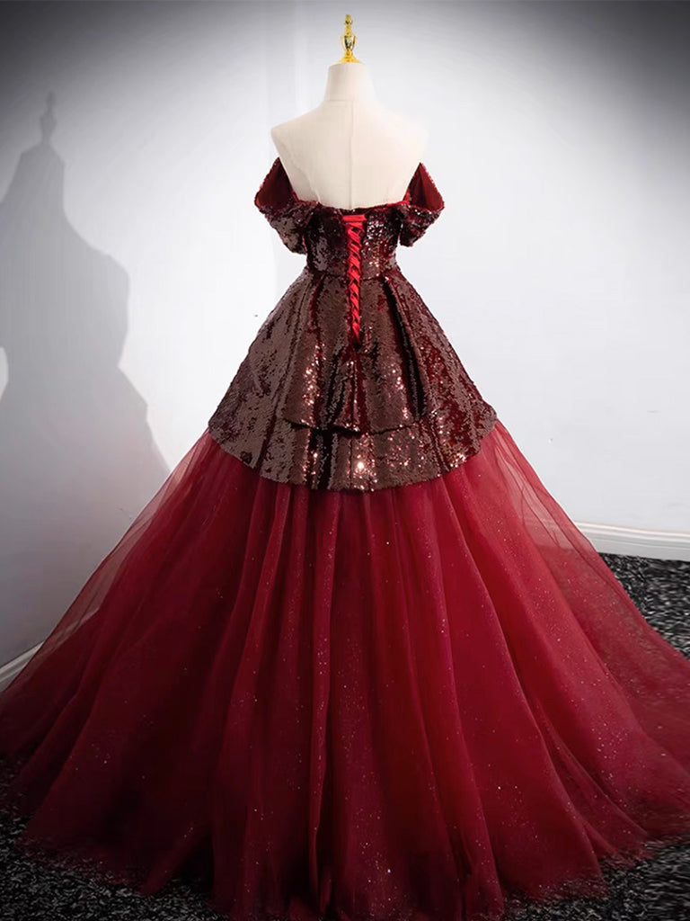 A-Line Off Shoulder Tulle Sequin Burgundy Long Prom Dress, Burgundy Evening Dress