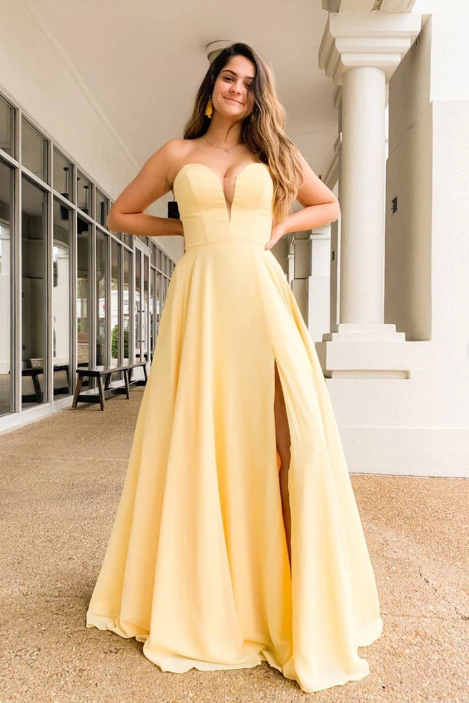 Sweetheart Long Satin Light Yellow Prom Dress With Slit
