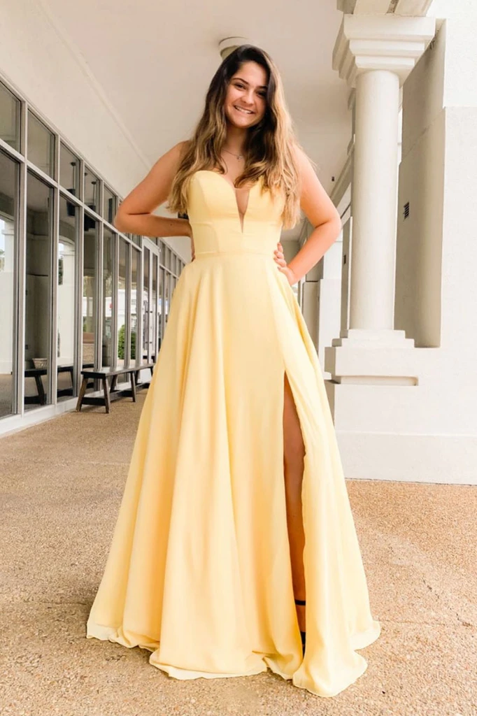 Sweetheart Long Satin Light Yellow Prom Dress With Slit