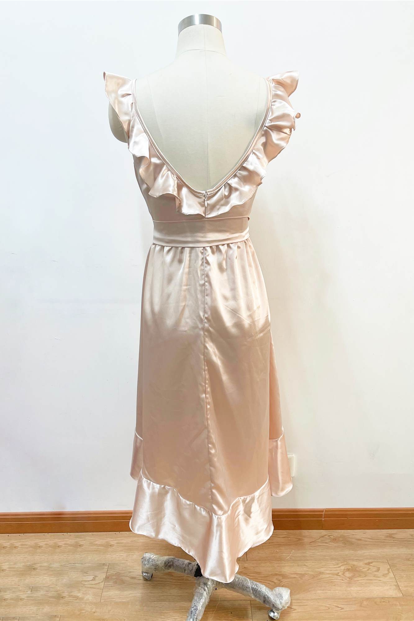 Asymmetrical V-Neck Ruffles Champagne Bridesmaid Dress with Ribbon