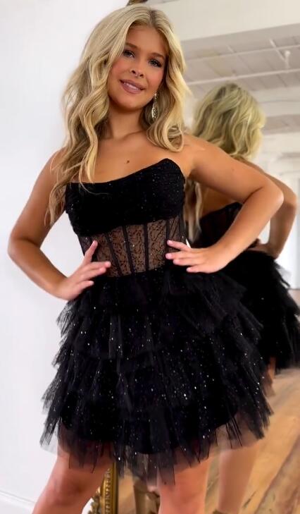 2023 Strapless Sequin Tulle Homecoming Dress with Sheer Corset Bodice and Ruffle Skirt