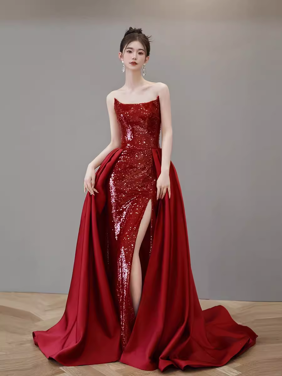 Mermaid Strapless Sequin Red Prom Dresses Long Evening Dress P2026