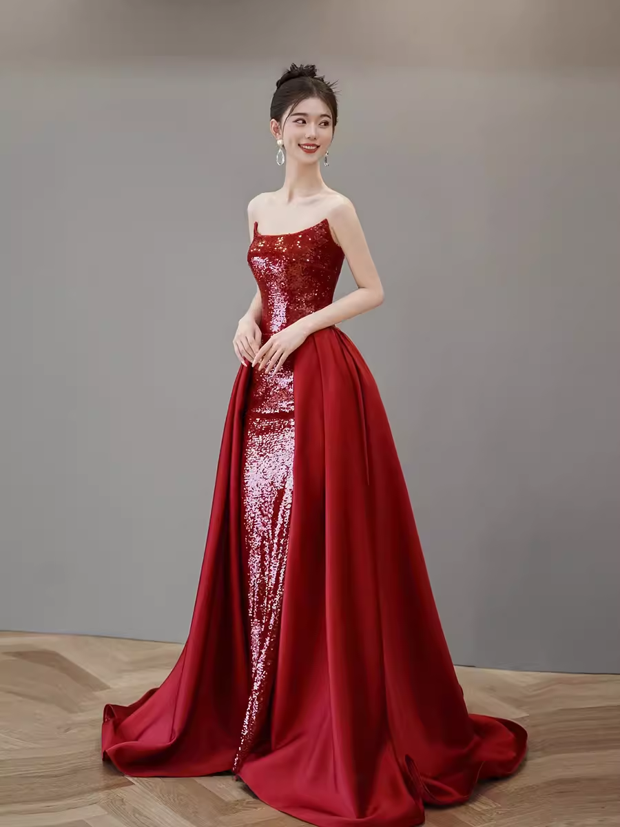 Mermaid Strapless Sequin Red Prom Dresses Long Evening Dress P2026