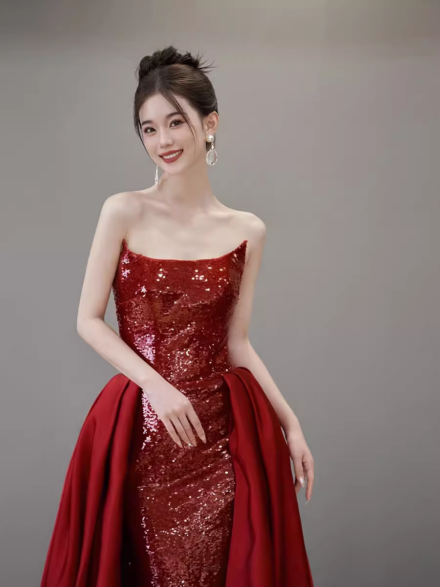 Mermaid Strapless Sequin Red Prom Dresses Long Evening Dress P2026