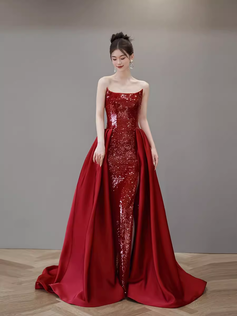 Mermaid Strapless Sequin Red Prom Dresses Long Evening Dress P2026