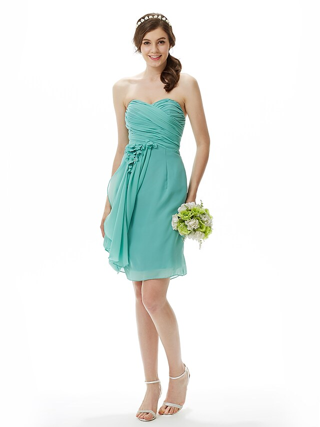 Sweetheart Neckline  Strapless Knee Length Chiffon Bridesmaid Dress with Criss Cross  Side Draping  Flower