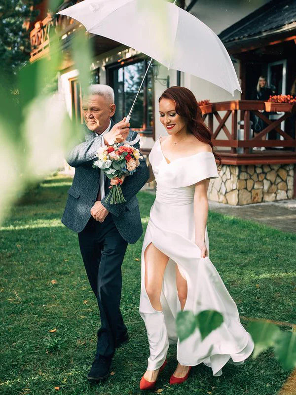 Delicate Satin Off-the-shoulder A-line Floor-Length Bridal Gowns Simple Elegant Wedding Dress Wholesale