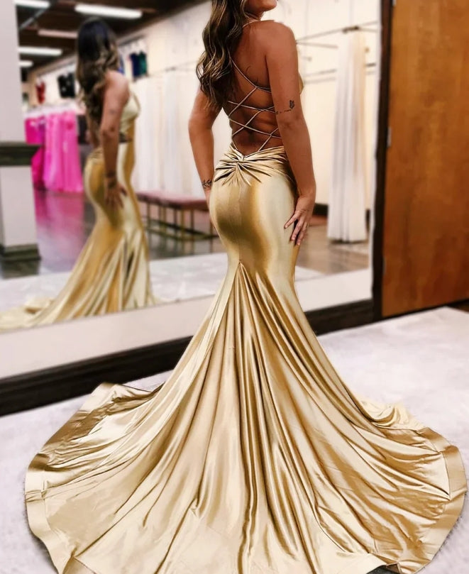 Gold V-Neck Lace-Up Mermaid Long Formal Dress Sexy Evening Dress Party Dress Wholesale