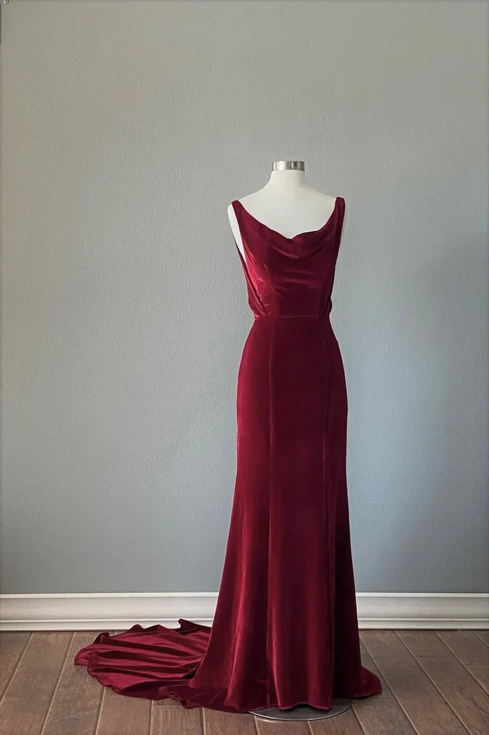 Burgundy Backless Velvet Long Prom Dress Formal Party Dress Elegant Evening Dress Wholesale