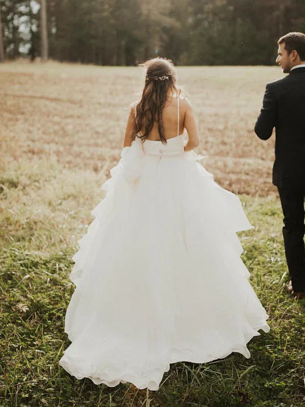 Charming Spaghetti Straps V-neck A-line Wedding Dresses Tulle Bridal Gowns Simple