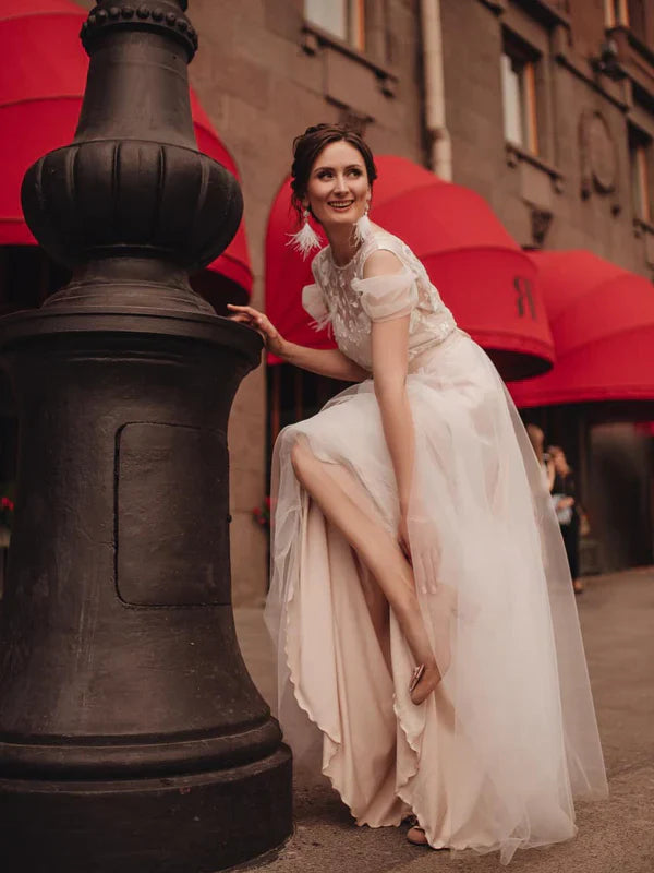 Gorgeous 2 Pieces Lace Appliques Beaded Wedding Dresses Aline Gowns Elegant