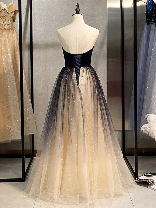 Simple Shining Long Tulle Strapless Neckline A-line Prom Dresses Off Shoulder Charming Wholesale