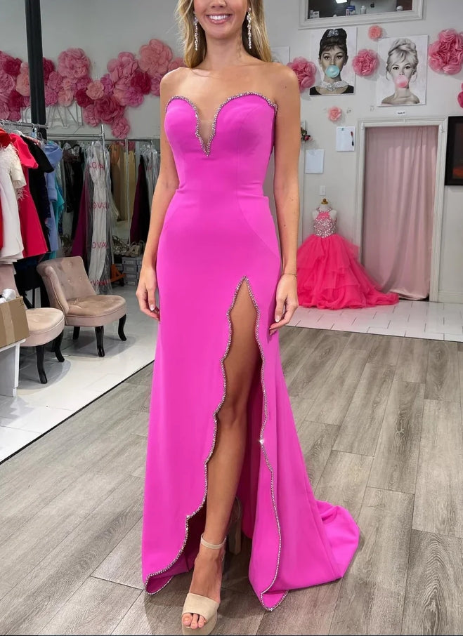 Fuchsia Sweetheart Beaded Long Prom Dress with Slit Off Shoulder Charming Evening Dress Wholesale