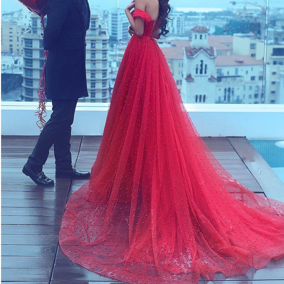 Red Tulle  Off The Shoulder Long Prom Evening Dresses Pearl Beaded