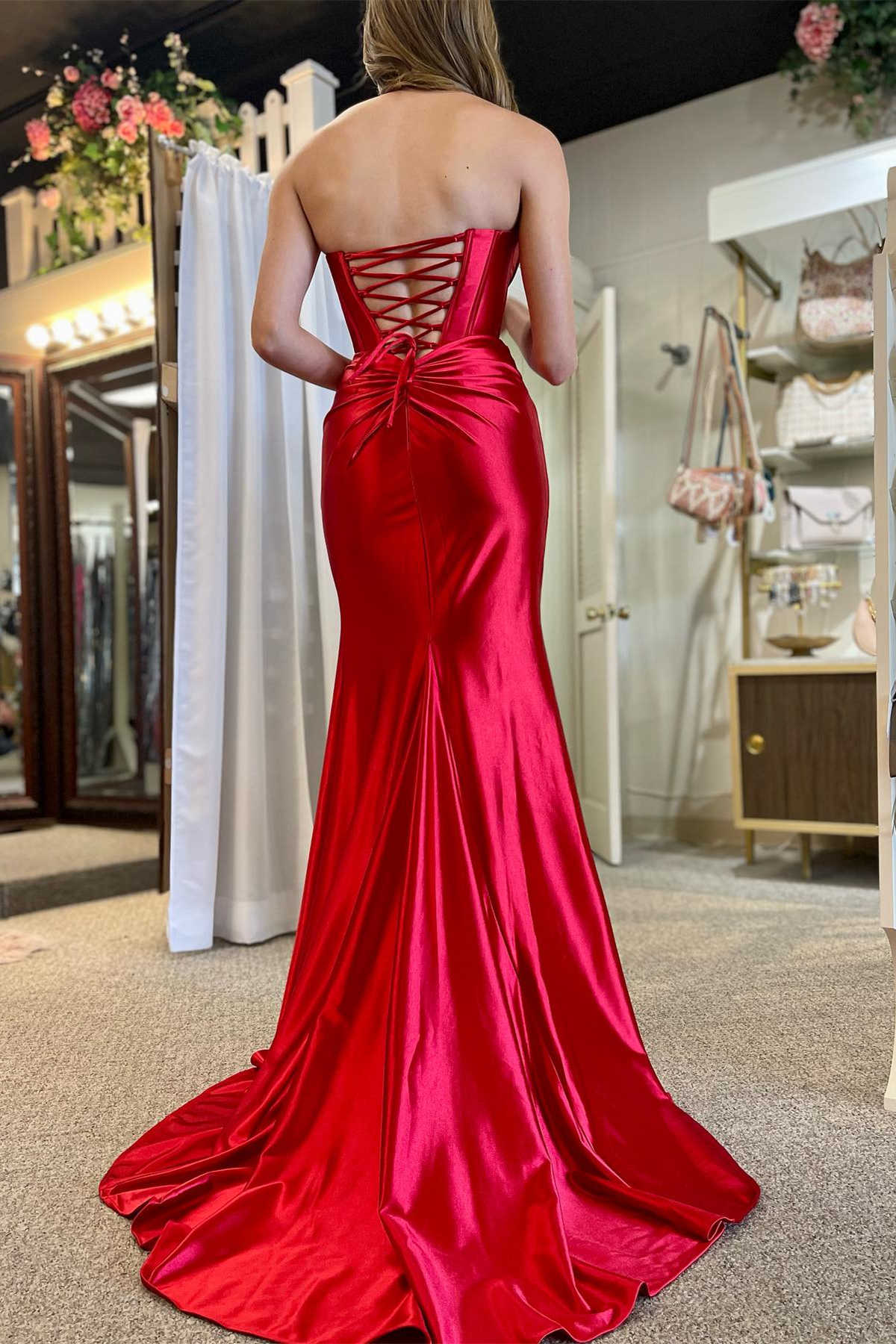 Red Strapless Ruched Mermaid Long Prom Dress with Slit TP1240