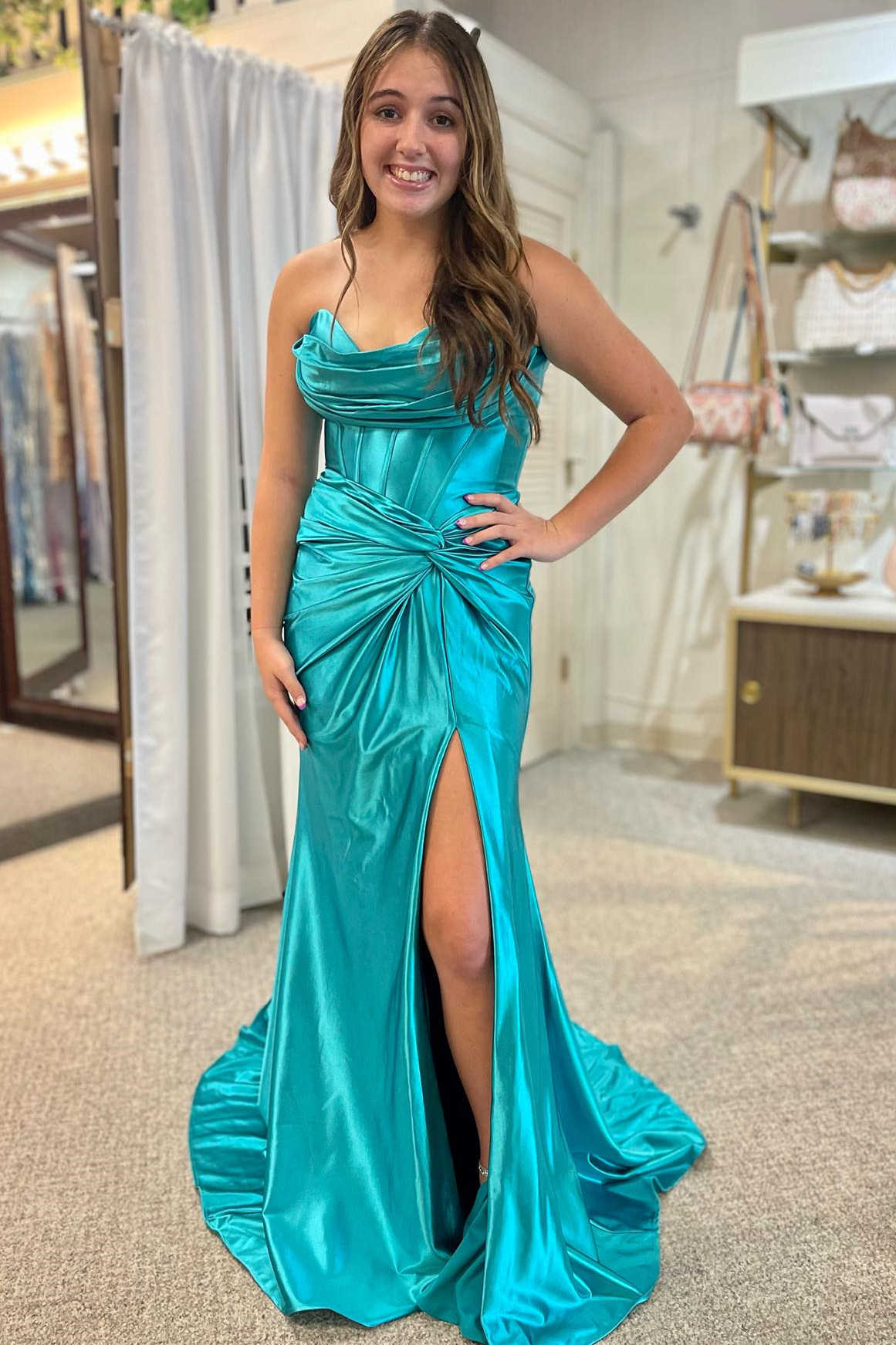 Red Strapless Ruched Mermaid Long Prom Dress with Slit TP1240