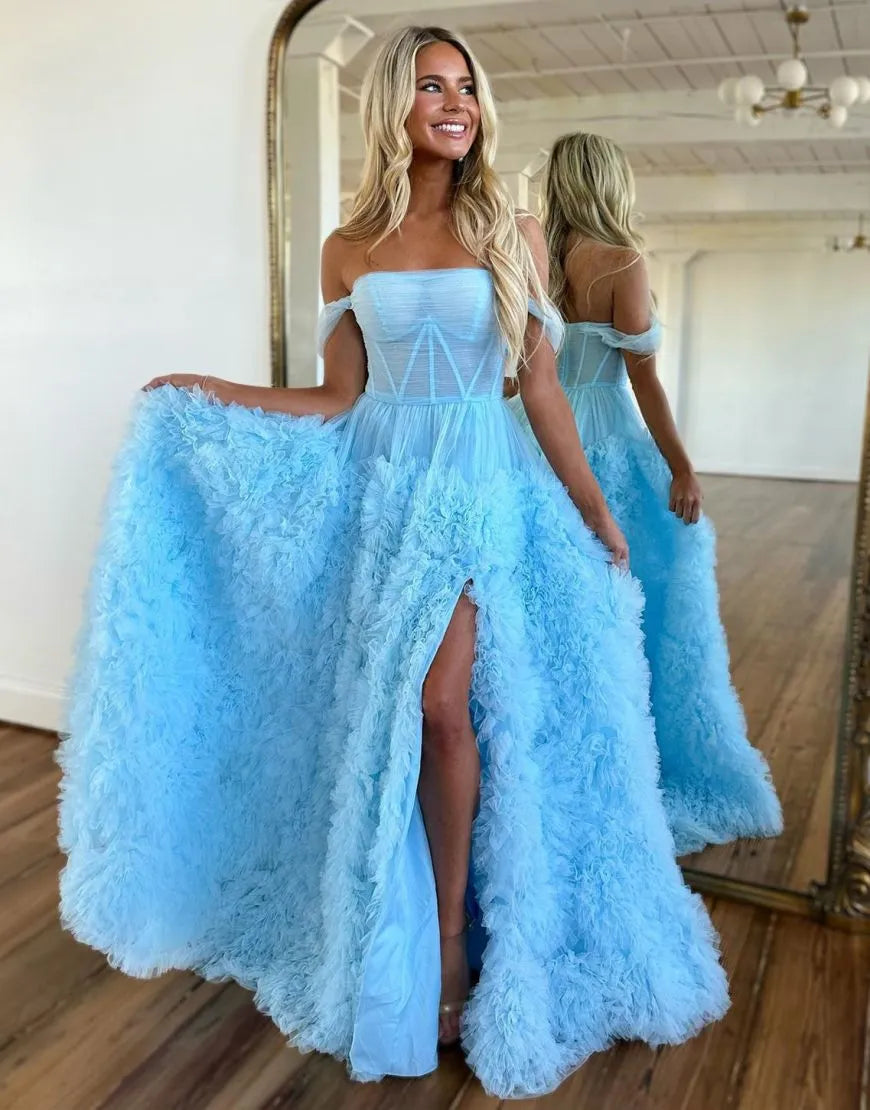 Wholesale Romantic A-Line Tiered Off The Shoulder Prom Dress With Split prom dresses shops