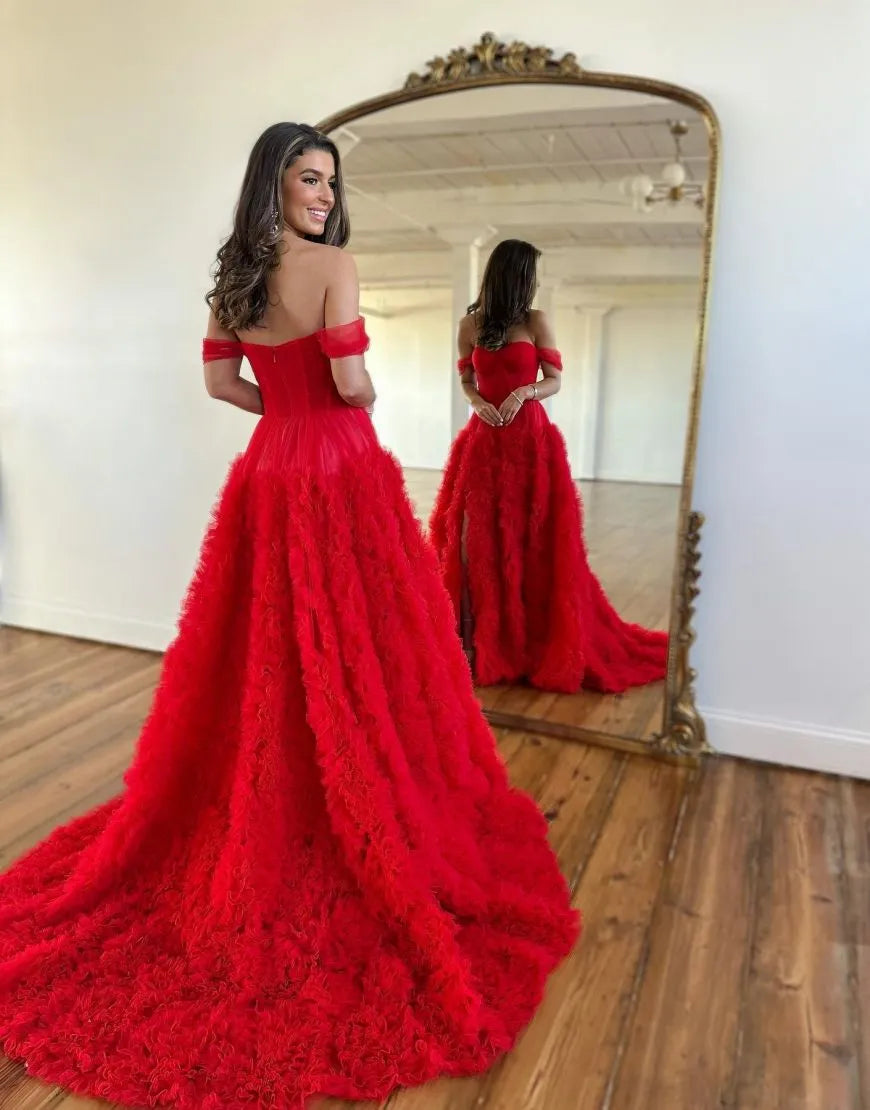 Wholesale Romantic A-Line Tiered Off The Shoulder Prom Dress With Split prom dresses shops