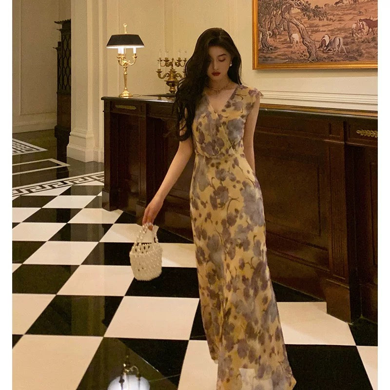 Sexy French Sheath V Neckline Floral Long Prom Dresses Birthday Outfits Evening Gown SD1031