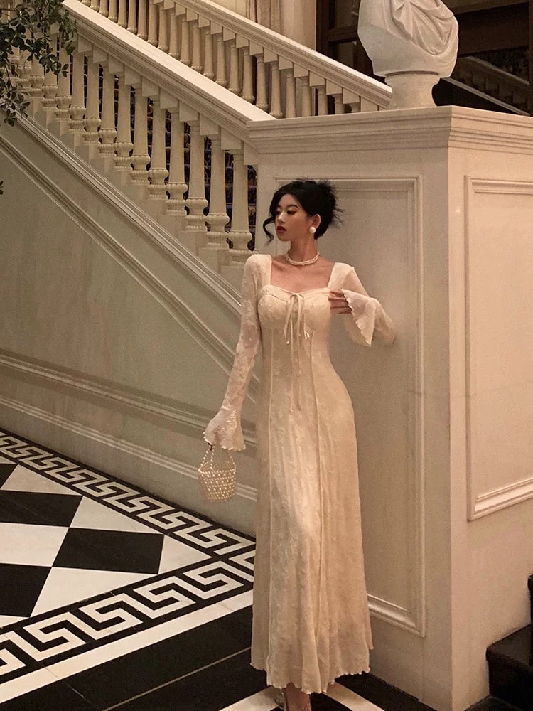 Gorgeous A line Long Sleeves Lace Date Night Dress Long Prom Dresses Birthday Outfits SD1066