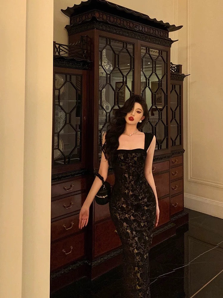 Gorgeous Mermaid Spaghetti Straps Date Night Dress Black Lace Prom Dresses Birthday Outfits SD1086