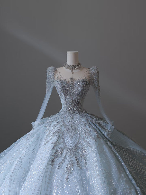 Princess Ball Gown Scoop Neckline Long Sleeves Sequin Light Sky Blue Long Wedding Dresses Brides Dress SD1657