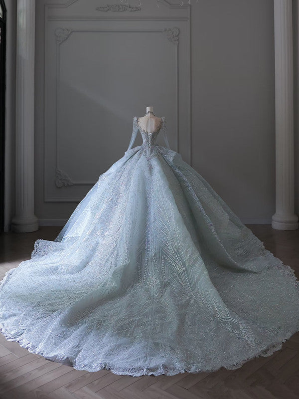 Princess Ball Gown Scoop Neckline Long Sleeves Sequin Light Sky Blue Long Wedding Dresses Brides Dress SD1657