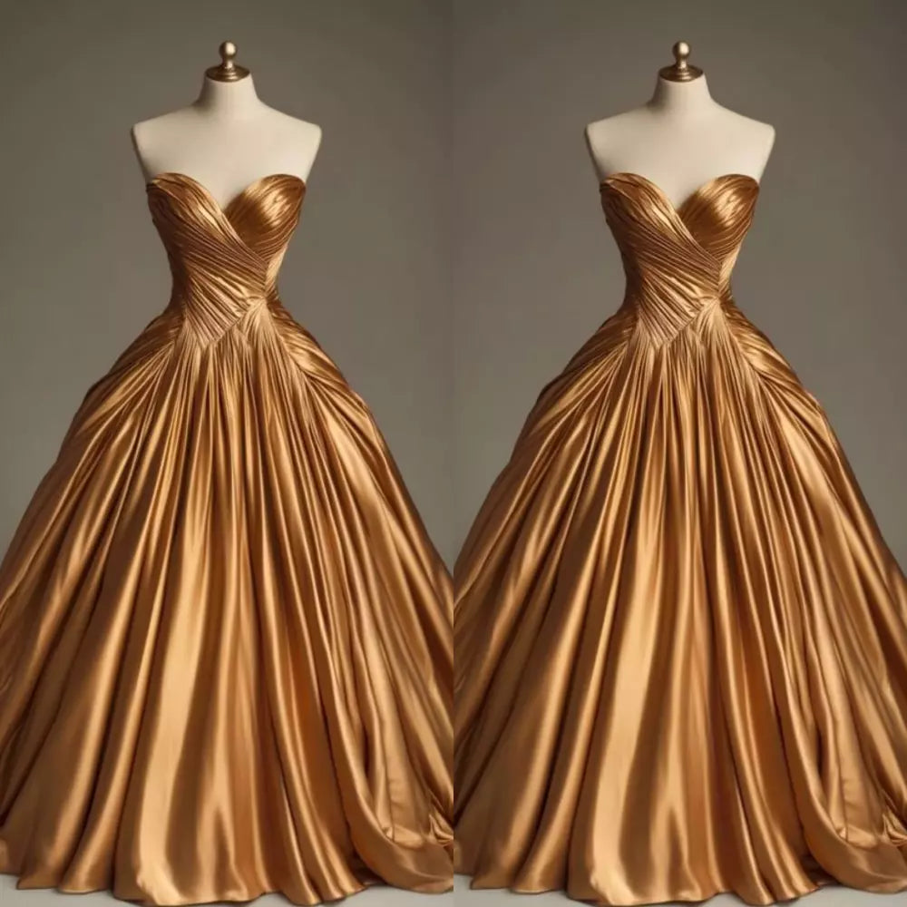 Retro Ball Gown Sweetheart Satin Gold Party Dress Prom Dresses Evening Dress SD1769