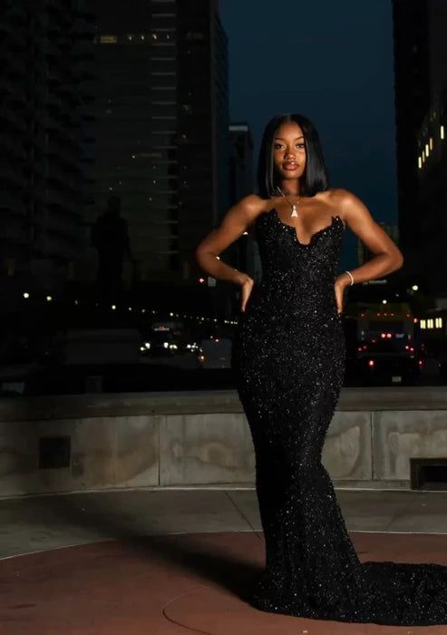 Sexy Mermaid Sweetheart Sequin Slit Black Long Prom Dresses Party Dress SD2291