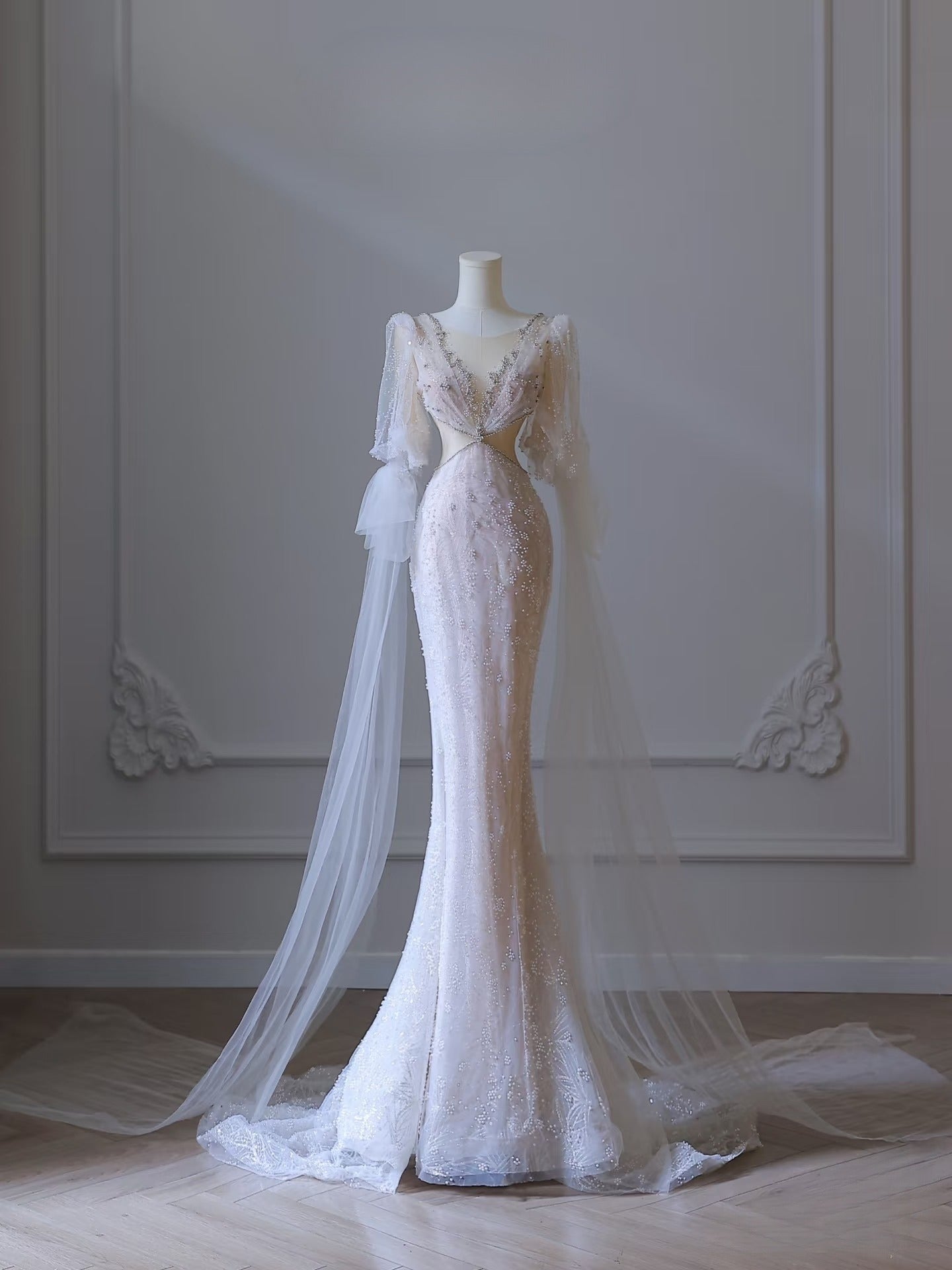 Pretty Mermaid Long Sleeves Pink Prom Dresses Evening Gowns SD2330